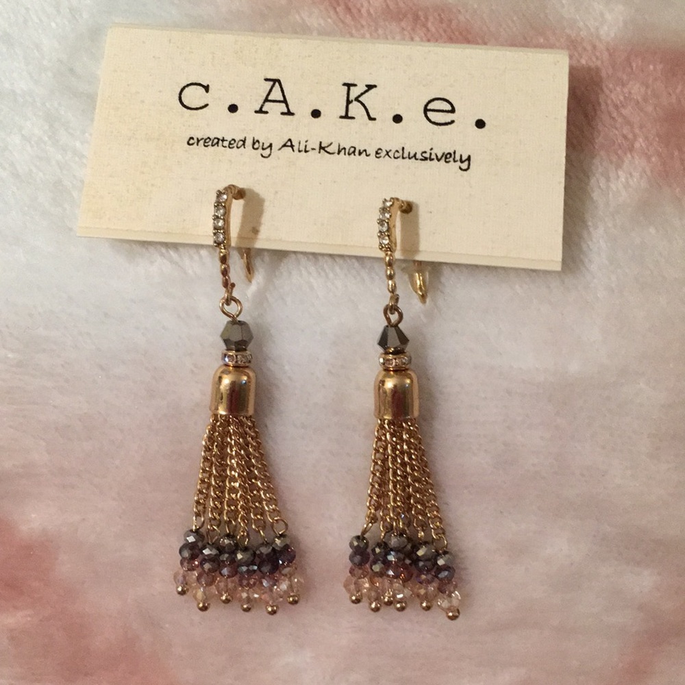 Cake Crystal Beaded Chain Dangle Earrings NWT